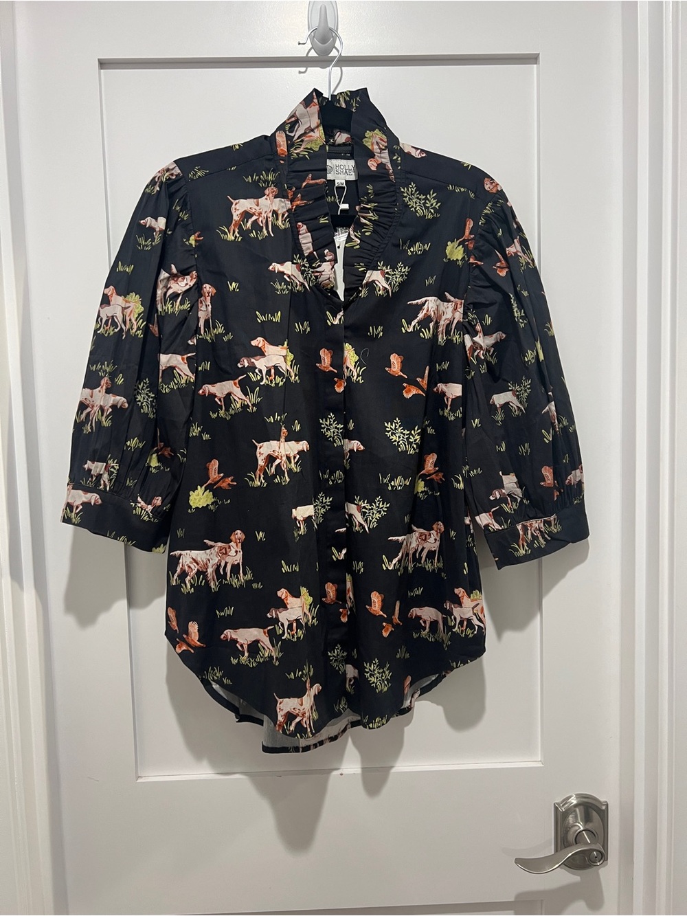 Holly Shae Top, blouse, shirt, Hunting dog print with Ruffled Collar S/M black